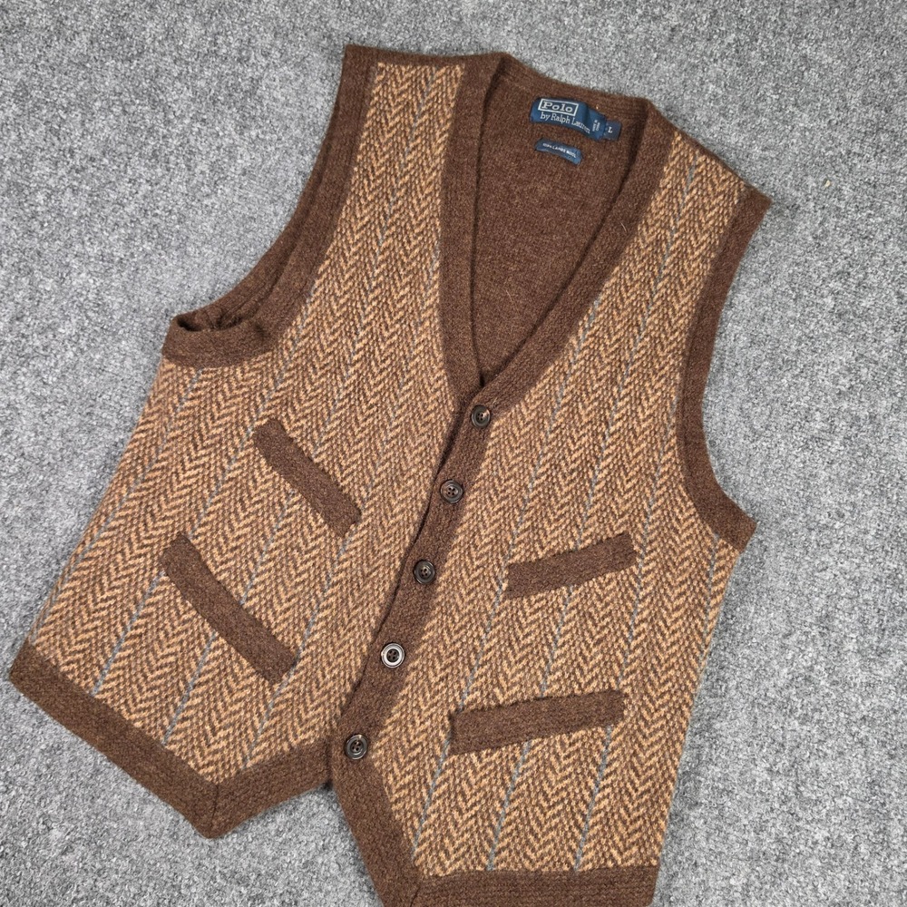 Vintage Polo Ralph Lauren Lambswool Vest Mens L Brown Herringbone Button Front